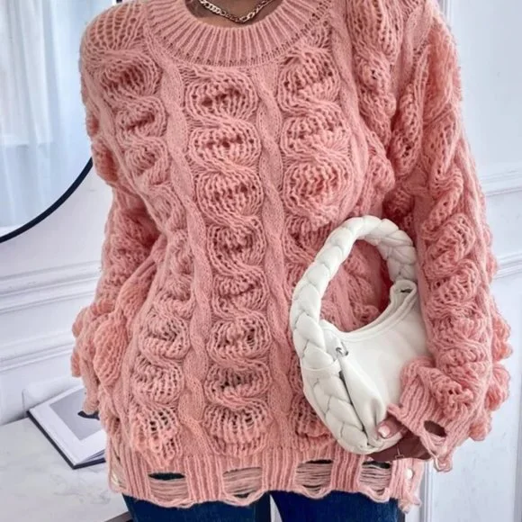 Chunky Knit Distressed Sweater Pink - Picture 5 of 6